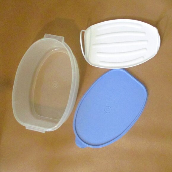 Tupperware Ham /Turkey Flavor Saver 3 Pc Set With White Drip Tray Blue Lid - Picture 2 of 4